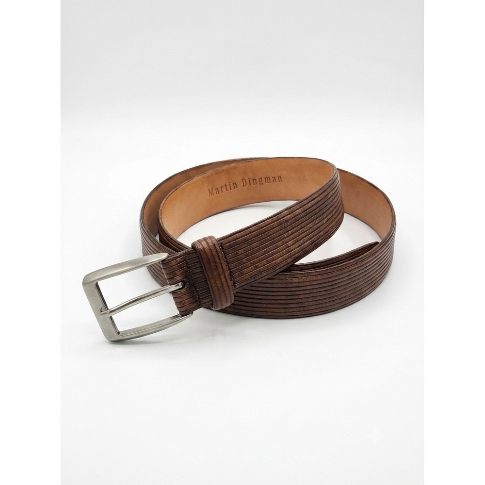 Martin Dingman Mens Brown Ribbed Textured Leather Belt Silver Buckle Size 36 90